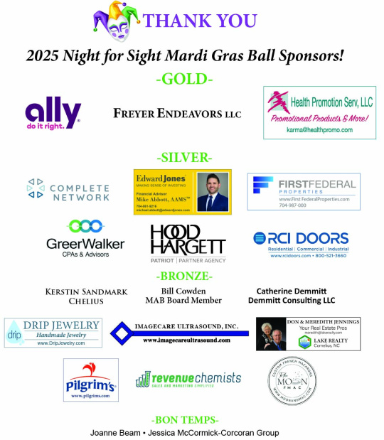 Logos and names of all Mardi Gras Ball 2025 sponsors with "Thank you" in purple text with a harlequin mask in green, gold, purple, and white above the text "2025 Night for Sight Mardi Gras Ball Sponsors!" Sponsor list in post.