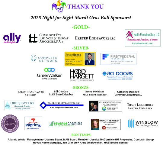 Logos and names of all Mardi Gras Ball 2025 sponsors with "Thank you" in purple text with a harlequin mask in green, gold, purple, and white above the text "2025 Night for Sight Mardi Gras Ball Sponsors!" Sponsor list in post.