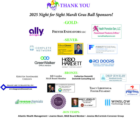 Logos and names of all Mardi Gras Ball 2025 sponsors with "Thank you" in purple text with a harlequin mask in green, gold, purple, and white above the text "2025 Night for Sight Mardi Gras Ball Sponsors!" Sponsor list in post.