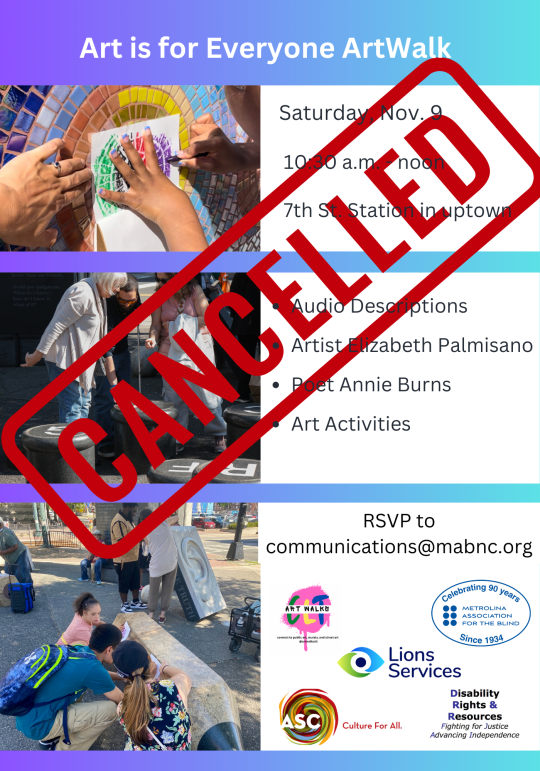 Cancelled stamp over event flyer on a purple-to-aqua gradient background with white text boxes and three photos: hands creating a colorful rubbing of a mosaic; a group exploring a sculpture of giant typewriter keys on a sidewalk; three children explore a 