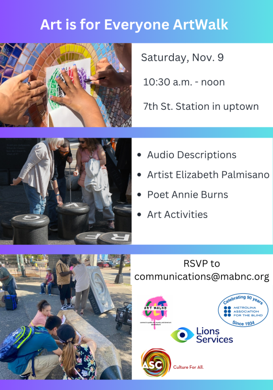 Event flyer on a purple-to-aqua gradient background with white text boxes and three photos: hands creating a colorful rubbing of a mosaic; a group exploring a sculpture of giant typewriter keys on a sidewalk; three children explore a large outdoor sculptu