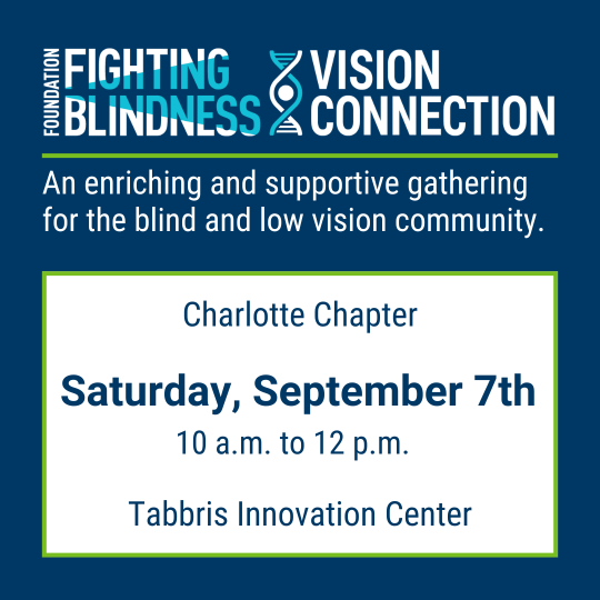 Event flyer on dark blue background with FFB logo and text: "FFB Vision Connection. An enriching and supportive gathering for the blind and low vision community. Tabbris Innovation Center."