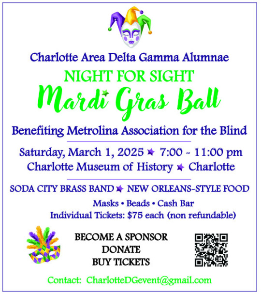 Mardi Gras Ball 2025 flyer on white background with green, purple, and black text, Mardi gras masks. Text: "Charlotte Area Delta Gamma Alumnae Night for Sight Mardi Gras Ball Benefitting Metrolina Association for the Blind. March 1, 2025. 7-11 p.m. Charlo